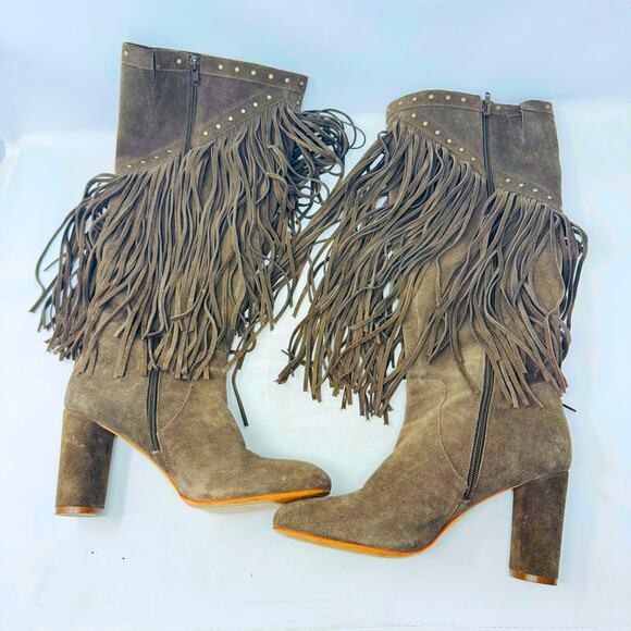 INC Tolla Suede Fringe Knee High Boots Taupe Western Boho Studded 8.5M - Picture 1 of 12